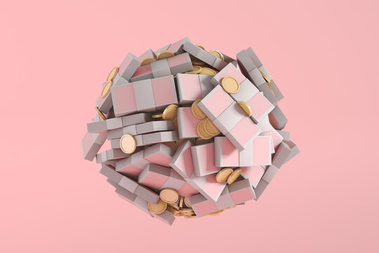 Ball of pink bills and coins
