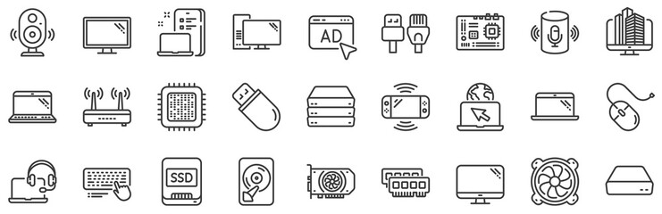 Motherboard, CPU, Internet cables icons. Computer components, Laptop, SSD line icons. Wifi router, computer monitor, Graphic card. Keyboard, SSD device. Internet cables, laptop components. Vector