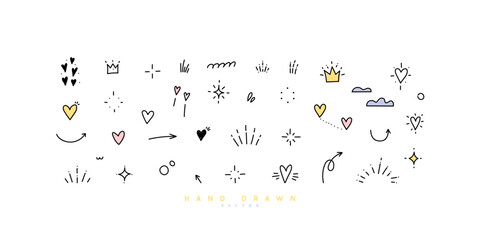 Doodle illustrations set. Cute hand drawn lements of doodles, stars, sparkles, hearts, decorations, frames, speech bubbles, arrows