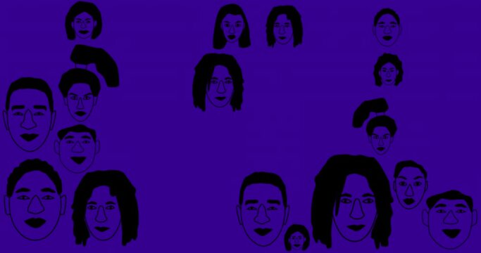Black History Month concept. Portraits of abstract people appear on pink, purple and yellow background. 4k resolution different people faces animation.