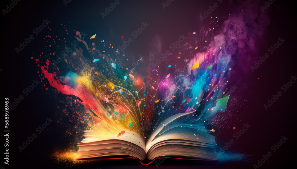 Wall mural magic knowledge book with paint splash.  Open book colorful