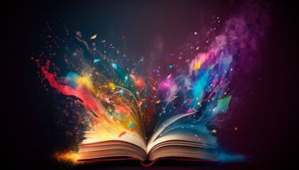 magic knowledge book with paint splash.  Open book colorful