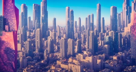 Megalopolis mega city future with huge skyline of skyscrapers, bright sunny, ai generated