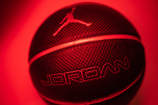 Minsk, Belarus - June 14, 2022. Michael Jordan logo on basketball