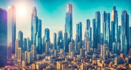 Megalopolis mega city future with huge skyline of skyscrapers, bright sunny, ai generated