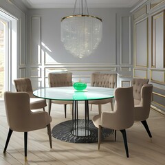 Minimalist dining room with a minimalist glass table and chairs1, Generative AI