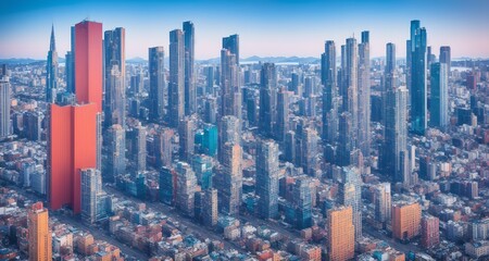 Obraz premium Megalopolis mega city future with huge skyline of skyscrapers, bright sunny, ai generated