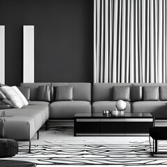 Minimalist living room with a black and white color scheme1, Generative AI