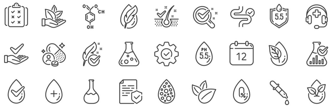 Dermatologically tested, Alcohol free and Paraben chemical formula icons. No artificial colors, Anti-dandruff flakes free line icons. Hypoallergenic tested, Neutral ph and Organic. Vector