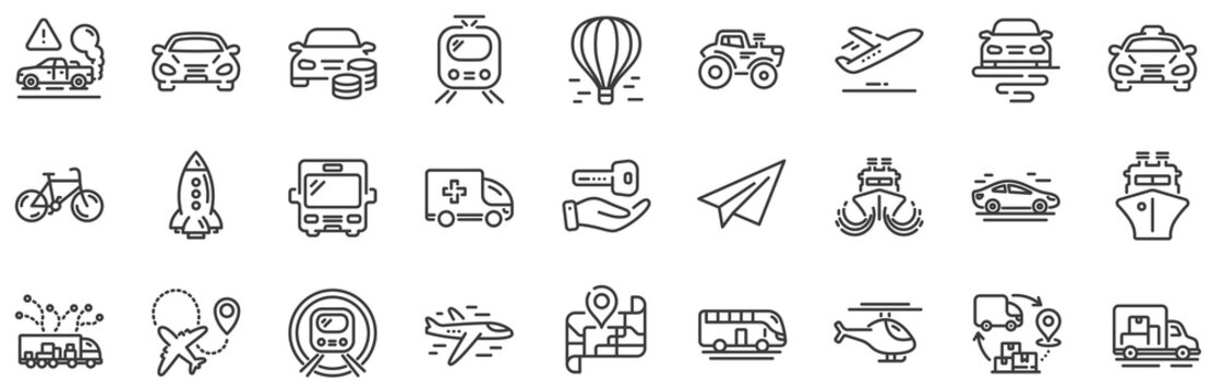 Taxi, Helicopter And Subway Train Icons. Transport Line Icons. Truck Car, Tram And Air Balloon Transport. Bike, Airport Airplane And Ship, Subway. Travel Bus, Ambulance Car, Paper Airplane. Vector