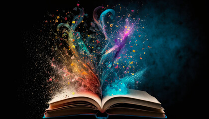 magic knowledge book with star dust.  Open book colorful