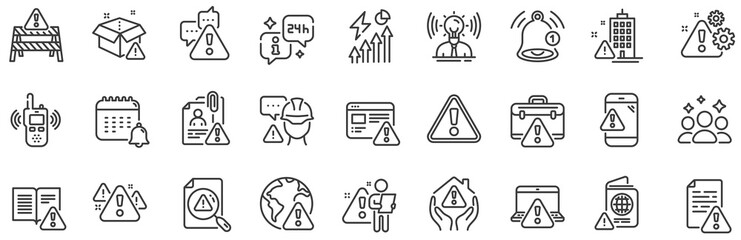 Caution sign, Exclamation mark, Risk attention. Warnings line icons. Danger alert, error caution, urgent information line icons. Safety risk, construction warning, documentation error. Vector