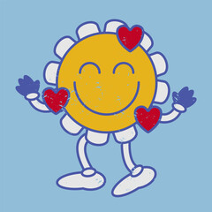 Smiling face with hearts retro flower emoji smile. Vintage emoticon.