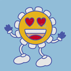 Heart eyes retro flower chamomile emoji smile. Vintage naive emoticon.