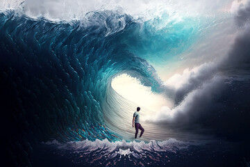 Huge ocean waves with surfer in the middle (Generative AI)
