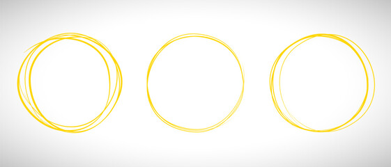 Yellow circle line hand drawn set. Highlight hand drawing circle isolated on background. Round handwritten circle. For marking text, note, mark icon, number, marker pen, pencil and text check, vector