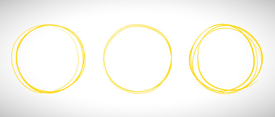 Yellow circle line hand drawn set. Highlight hand drawing circle isolated on background. Round handwritten circle. For marking text, note, mark icon, number, marker pen, pencil and text check, vector