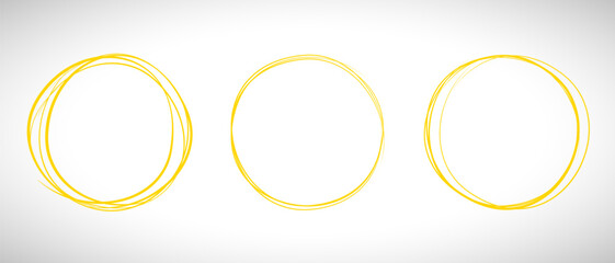 Yellow circle line hand drawn set. Highlight hand drawing circle isolated on background. Round handwritten circle. For marking text, note, mark icon, number, marker pen, pencil and text check, vector