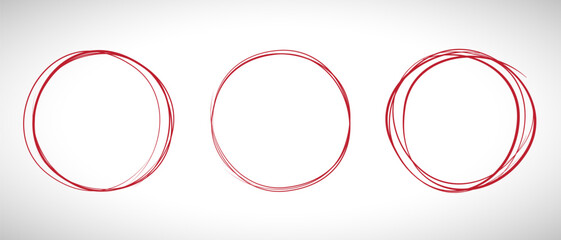 Red circle line hand drawn set. Highlight hand drawing circle isolated on background. Round handwritten red circle. For marking text, note, mark icon, number, marker pen, pencil and text check, vector