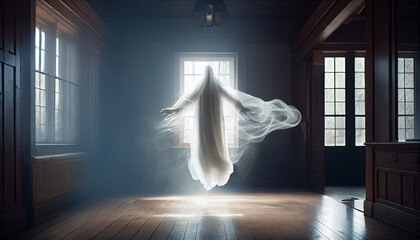 Ghost silhouette flies in the house opposite the window. Generative AI