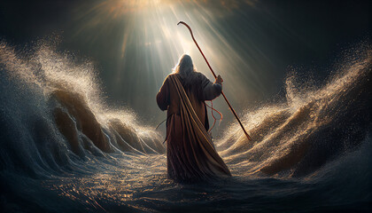Moses holds out his staff and God parts the waters of the Yam Suph (Reed sea). Generative AI - obrazy, fototapety, plakaty