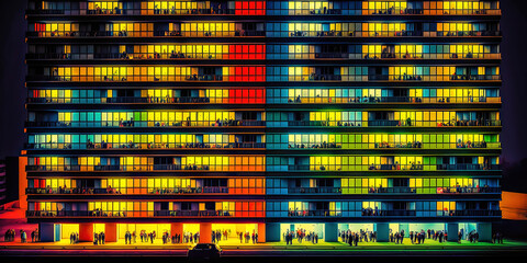 Appartmenthaus Bürohaus Abstrakt Surreal Frontalansicht Horizontal bei Nacht Generative AI Digital Art Illustration Kunst Hintergrund Background Cover Kunst 