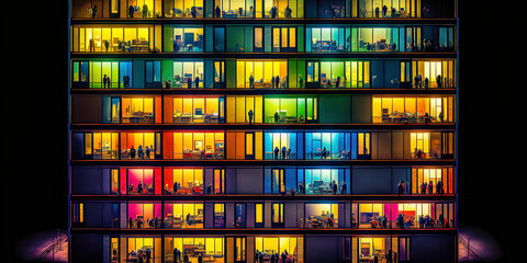 Appartmenthaus Bürohaus Abstrakt Surreal Frontalansicht Horizontal bei Nacht Generative AI Digital Art Illustration Kunst Hintergrund Background Cover Kunst 