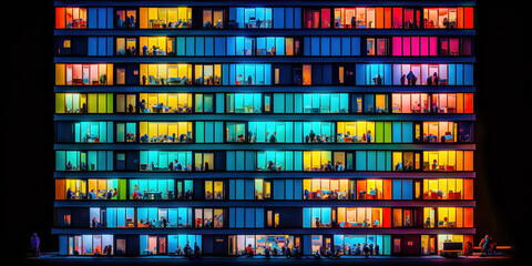 Appartmenthaus Bürohaus Abstrakt Surreal Frontalansicht Horizontal bei Nacht Generative AI Digital Art Illustration Kunst Hintergrund Background Cover Kunst 