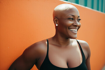 Portrait of a beautiful bald woman after chemotherapy. Powerful women concept created with ai generative tools