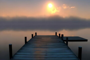 Fototapeta na wymiar Eerie wooden pier on lake at sunrise. Ai Generative Illustrations