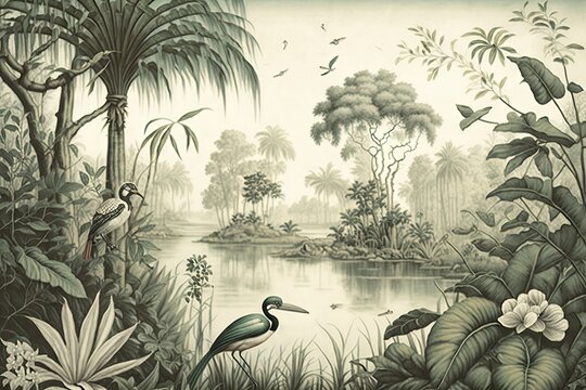 Vintage landscape wallpaper with a lake, plants, birds, crane, butterfly and insects