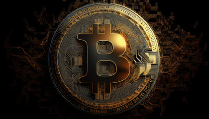 Golden bitcoin coin, abstract computer circuit board. Cryptocurrency symbol background illustration