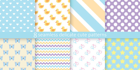 Collection of bright cute seamless patterns - delicate colorful design. Cartoon endless prints. Repeatable unusual textile backgrounds