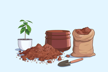 Transplant the houseplant into a new large flower pot. A bag of earth, a shovel and a pile of soil. Vector illustration. Poster for home gardening magazine or shop. spring courtship