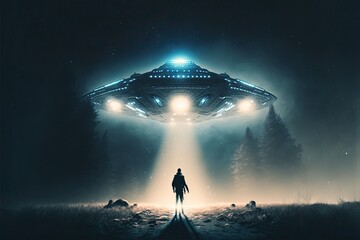 alien space ship abduction of a person at night, close encounter, extra terrestrial, generative ai - obrazy, fototapety, plakaty