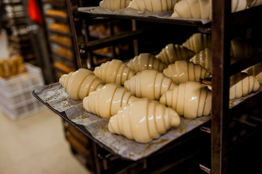 Raw croissants with shiny glazing