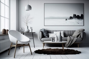 Minimal modern living room, Simple and minimalist furniture, artwork, fixtures, Generative Ai Artwork