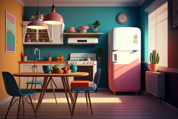 Interior of a kitchen, cozy, country, minimal, simple, colorful kitchen and dining room, Generative AI Artwork