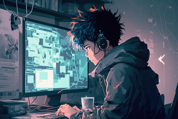 anime character is coding - obrazy, fototapety, plakaty