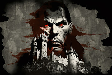 Scary horror and haunted Dracula vampire castle with bats. Creepy atmosphere. Ai generated