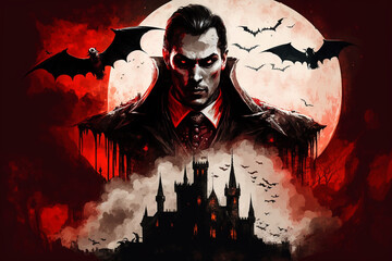 Scary horror and haunted Dracula vampire castle with bats. Creepy atmosphere. Ai generated - 568981779