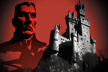 Scary horror and haunted Dracula vampire castle with bats. Creepy atmosphere. Ai generated