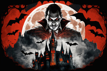 Scary horror and haunted Dracula vampire castle with bats. Creepy atmosphere. Ai generated - 568981938