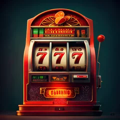 Deurstickers Slot machine illustration. Jackpot poker 777 golden slot machine. Gambling gold prize fortune vector concept. Illustration of game machine, gaming casino. AI © Anastasia