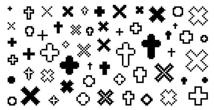 Pixel 8 bit cross vector png set. collection of crosses. isolated + symbol pixelated icons. plus pixel art. Old PC gaming style.