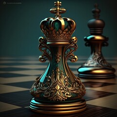 Golden king chess standing first on chess board concepts challenge or battle fighting of business team and leadership strategy. Futuristic. AI