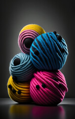 Balls of multicolored wool stacked on a dark background, different types of wool. Illustration. Generative AI