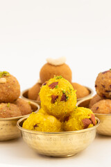 Traditional Indian Mithai Shahi Kesar Nariyal Honey Laddu, Ladoo Or Laddoo Is Made Of Saffron, Coconut, Badam, Kaju, Mawa, Malali, Mishri, Mava, Misri And Sweetener Like Jaggery, Sugar Syrup Or Shahad