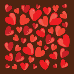 Red hearts background, hearts pattern. St.Valentines day. Abstract pattern with red hearts on brown background. 