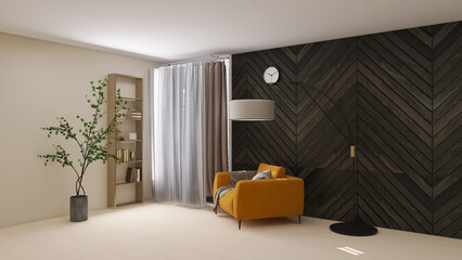 Room interior, sofa, book, 3d render, 3d illustration